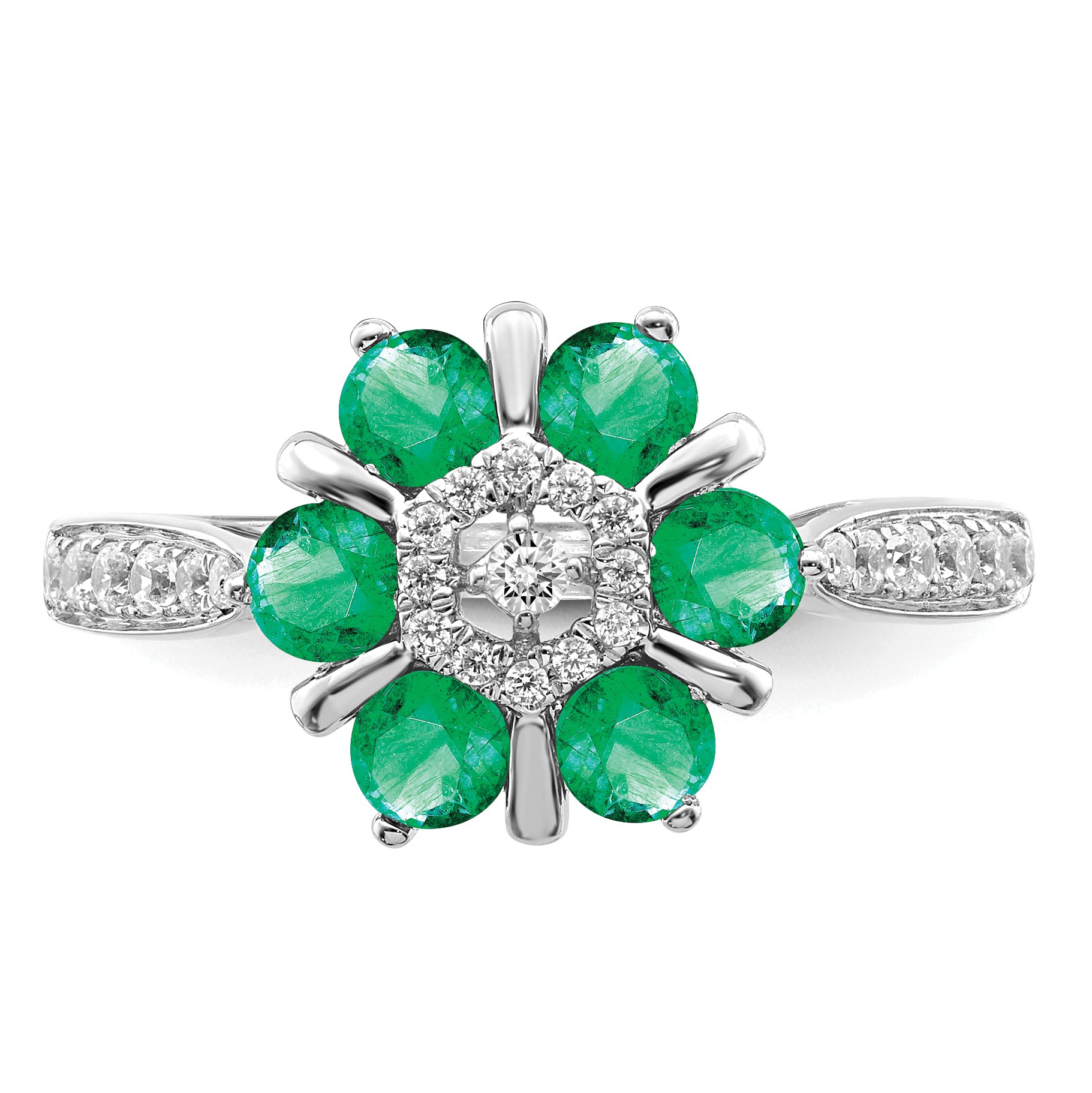 14k White Gold Emerald and Diamond Floral Ring