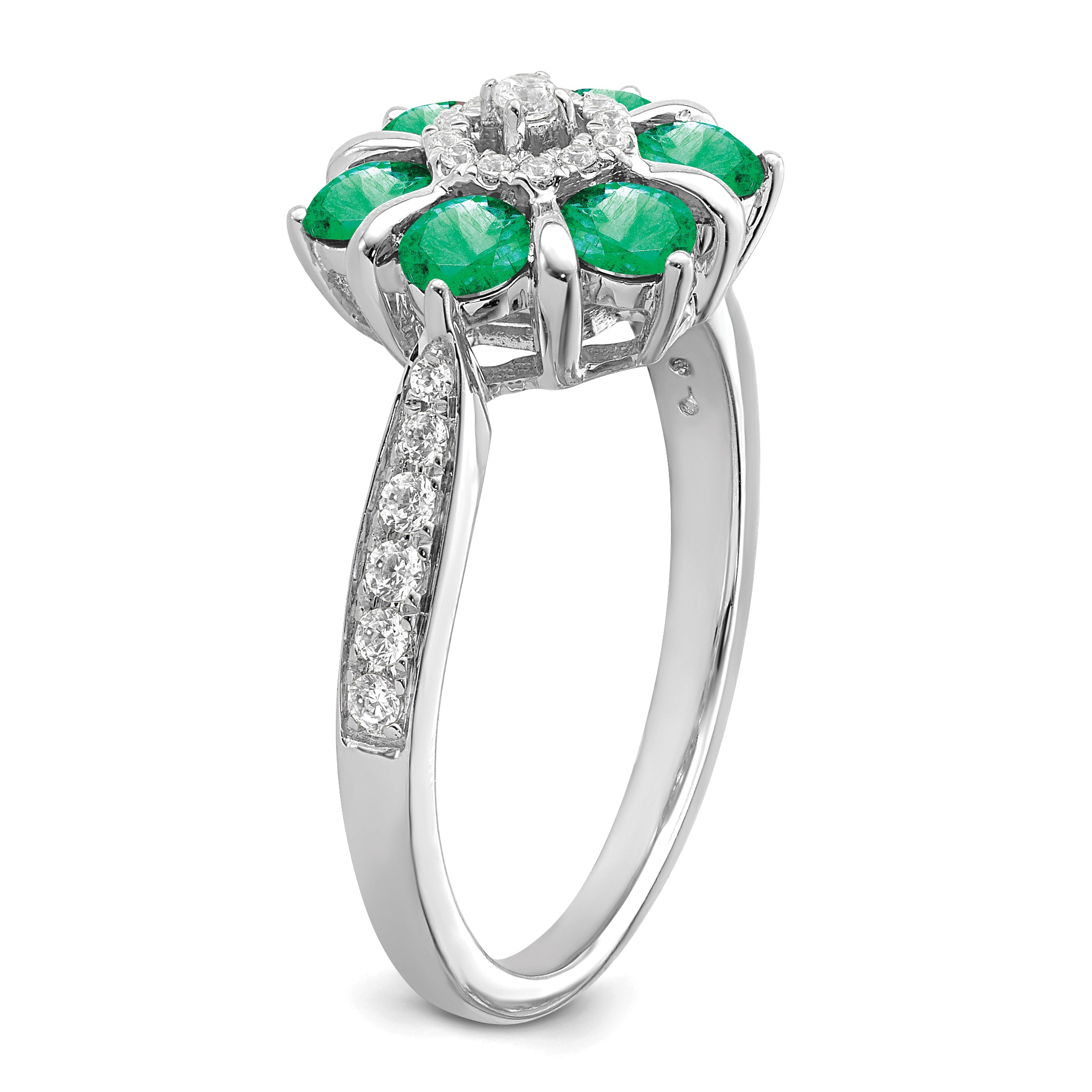 14k White Gold Emerald and Diamond Floral Ring