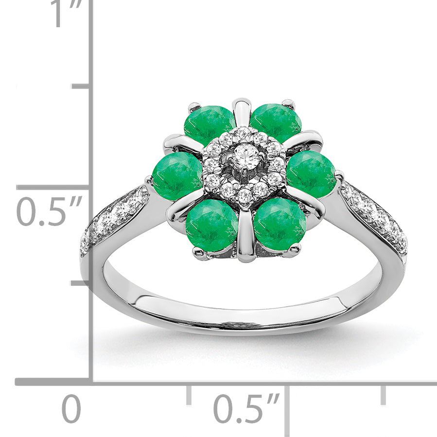 14k White Gold Emerald and Diamond Floral Ring