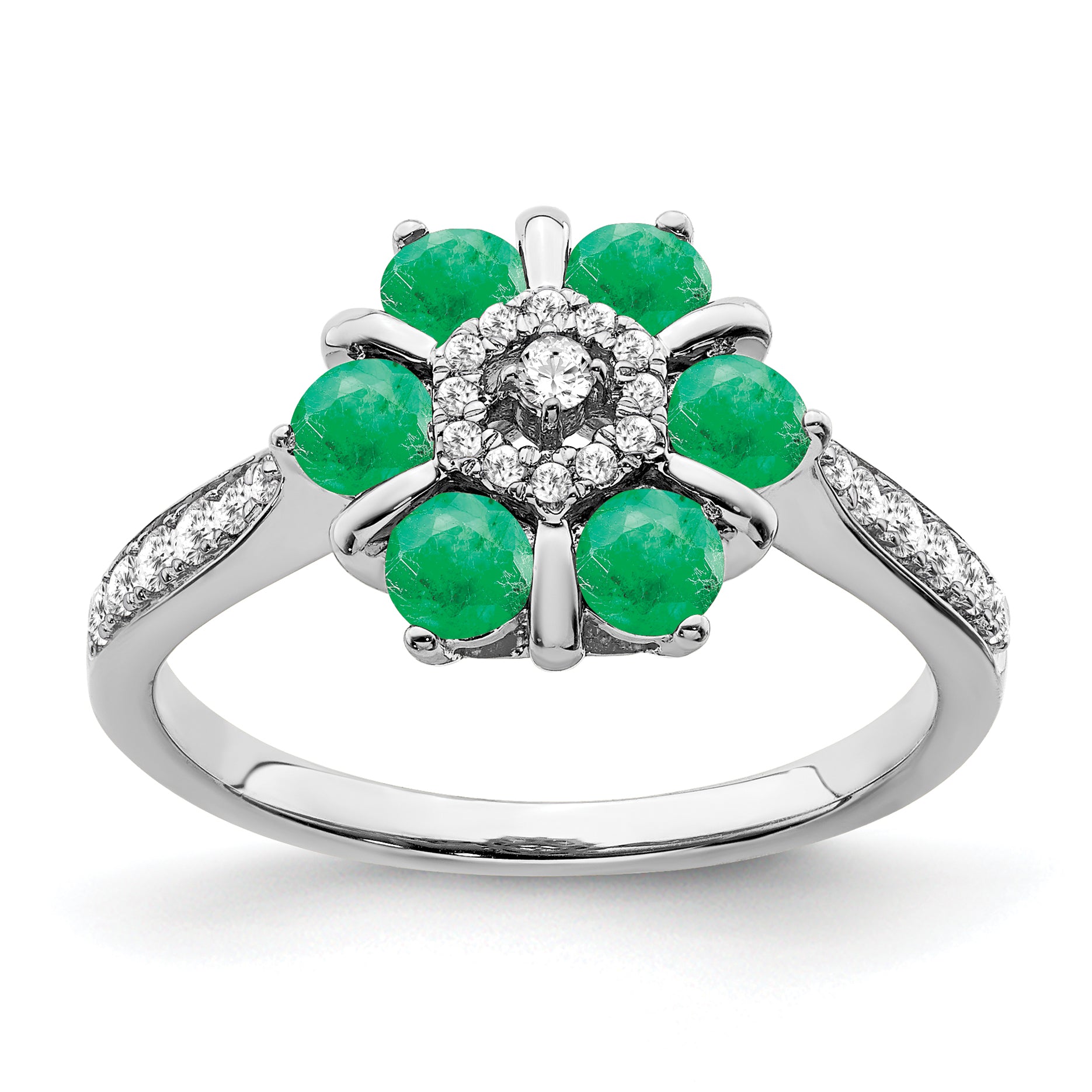 14k White Gold Emerald and Diamond Floral Ring