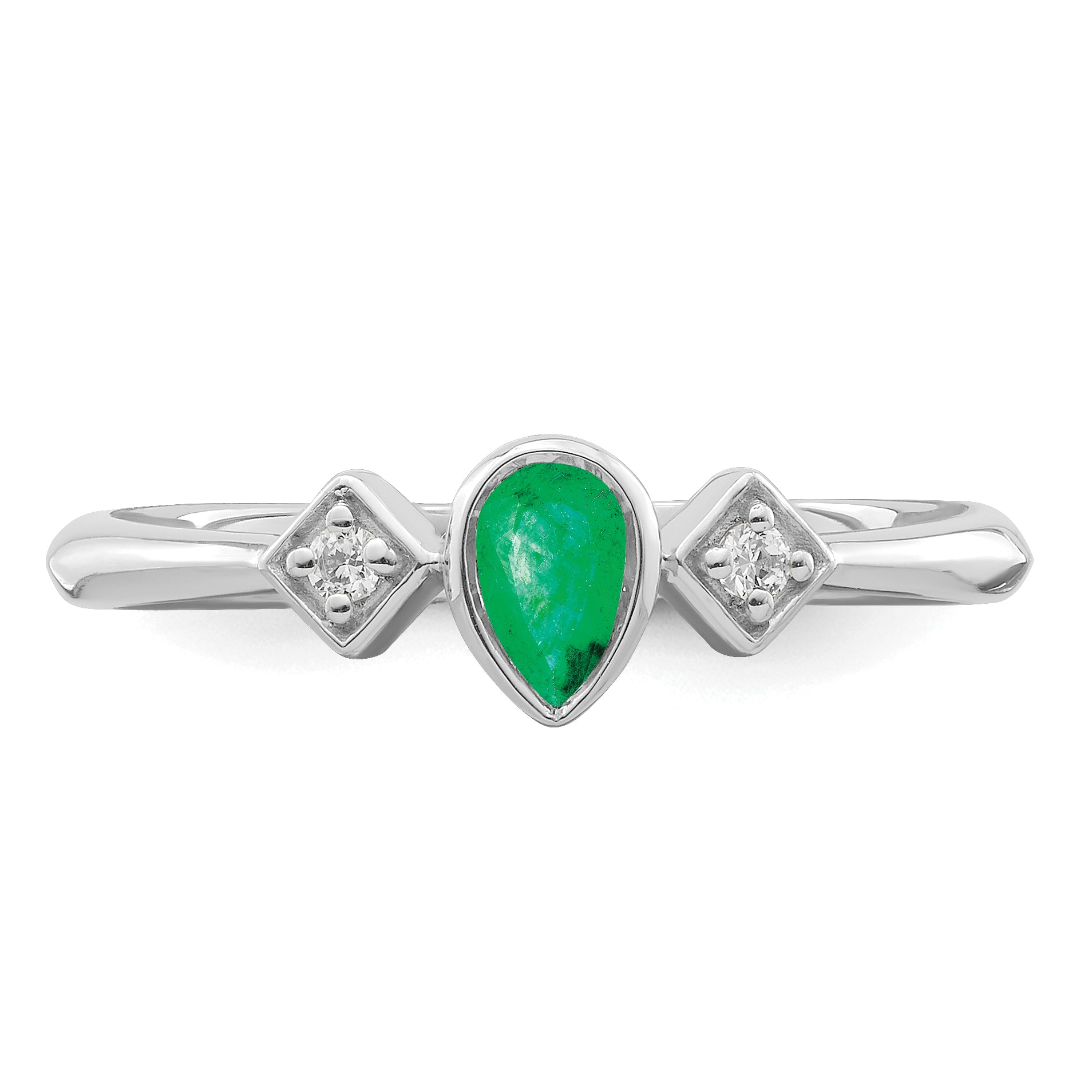 14k White Gold Pear Bezel Emerald and Diamond Ring