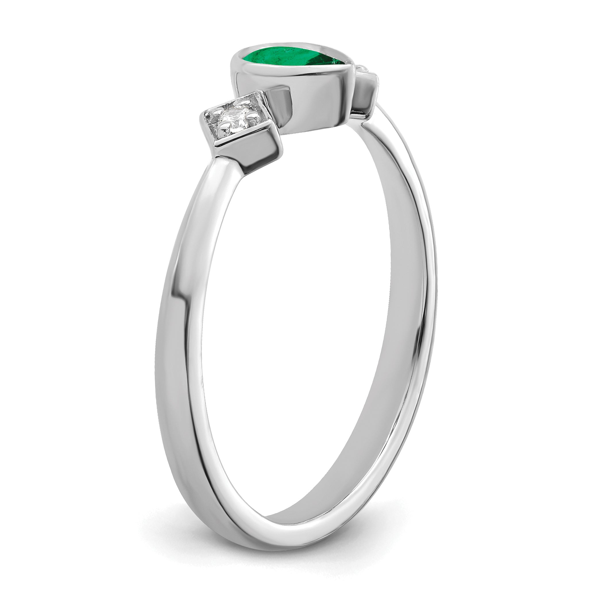 14k White Gold Pear Bezel Emerald and Diamond Ring