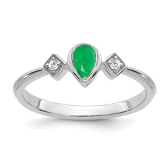 14k White Gold Pear Bezel Emerald and Diamond Ring