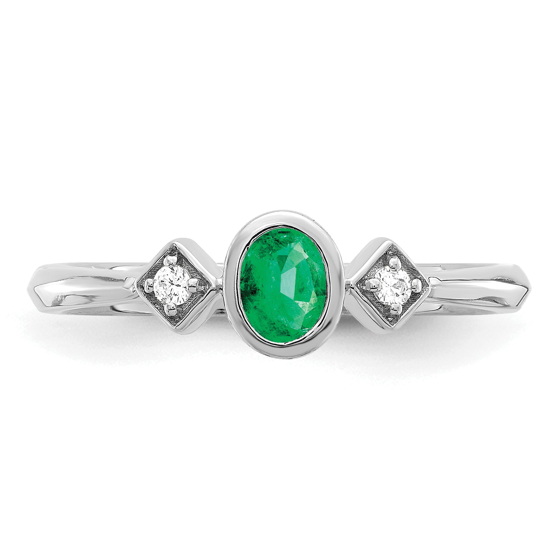 14k White Gold Oval Bezel Emerald and Diamond Ring