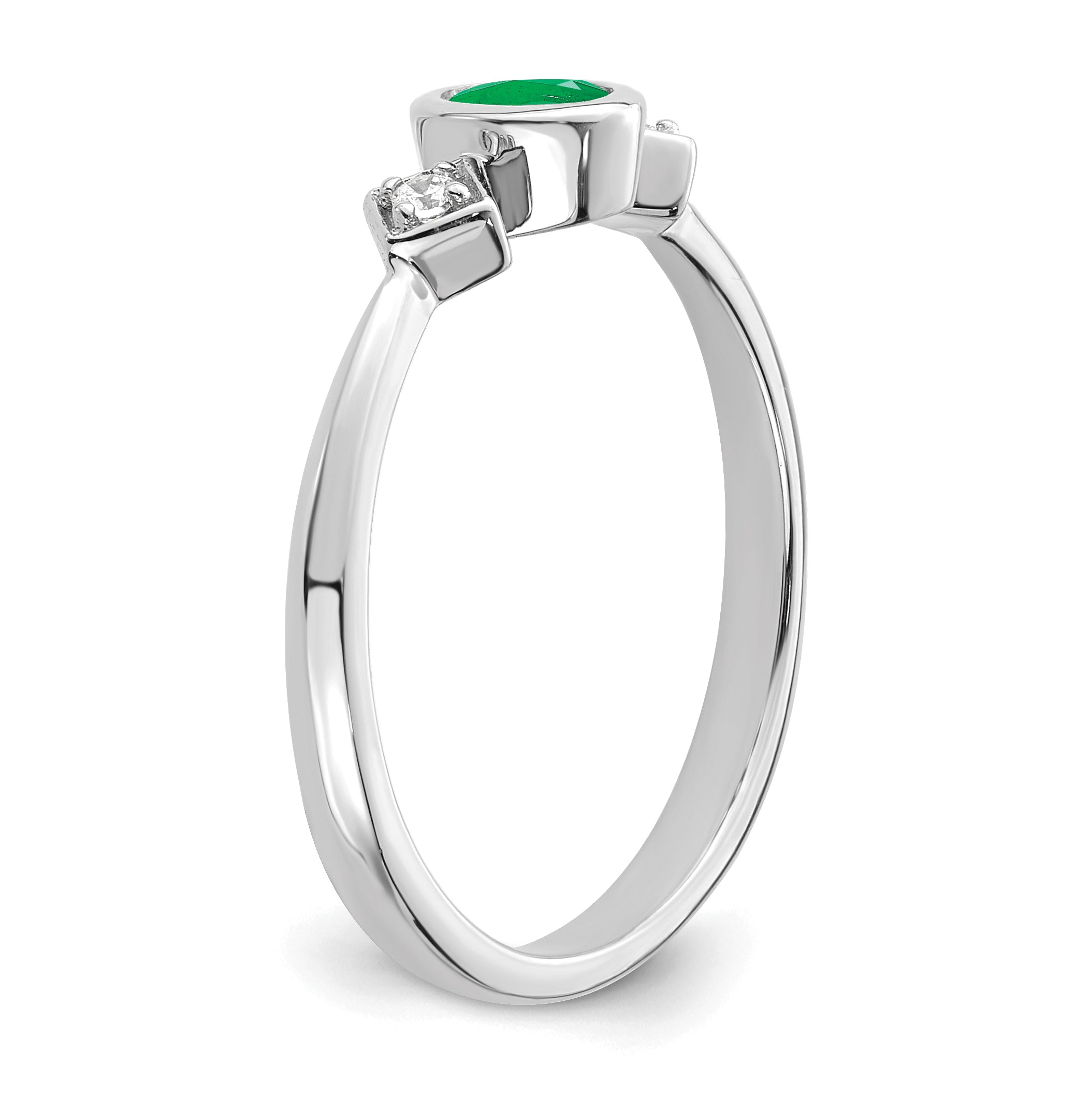 14k White Gold Oval Bezel Emerald and Diamond Ring