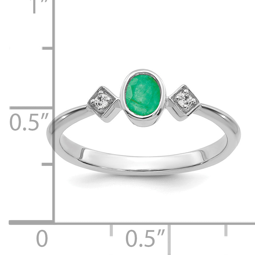 14k White Gold Oval Bezel Emerald and Diamond Ring