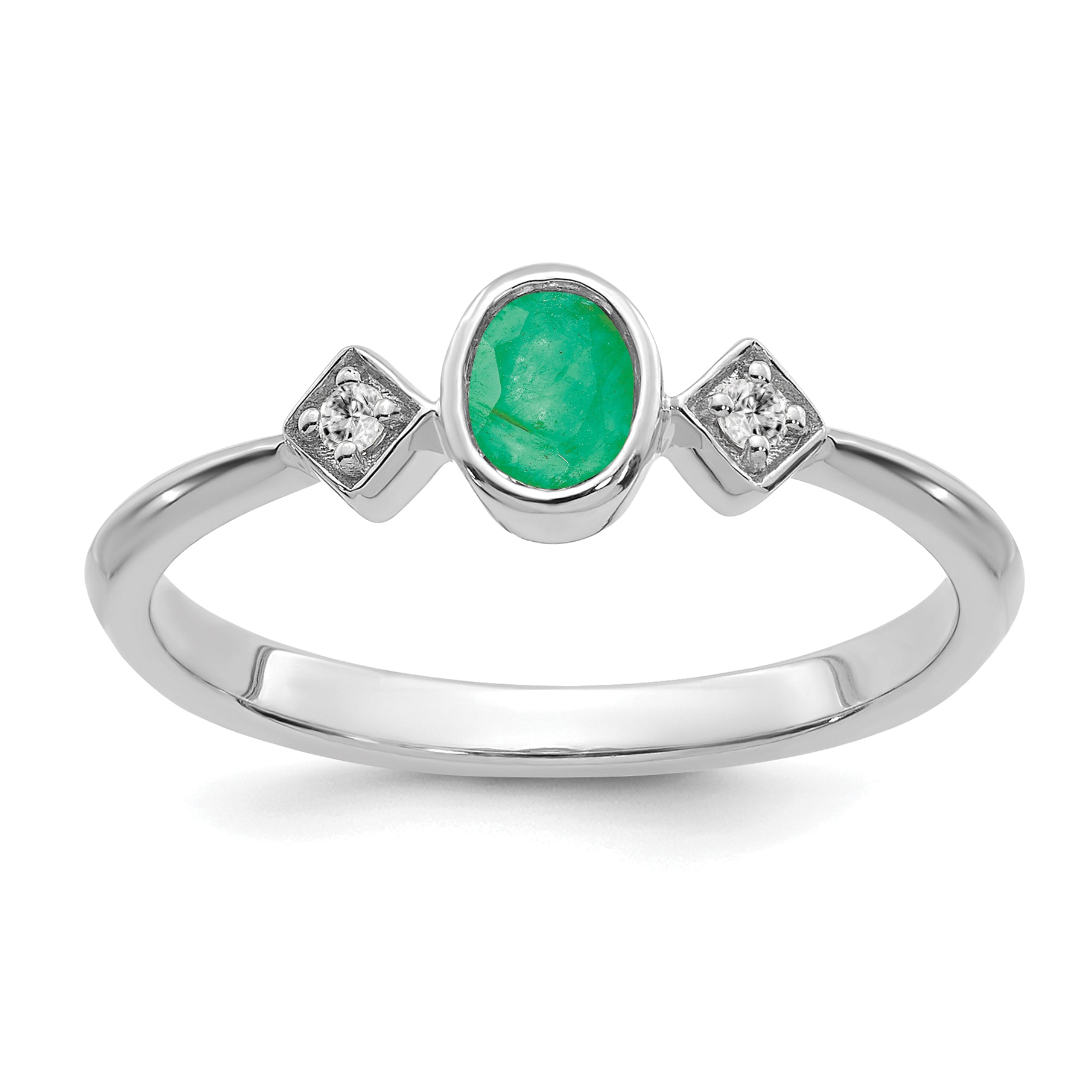 14k White Gold Oval Bezel Emerald and Diamond Ring