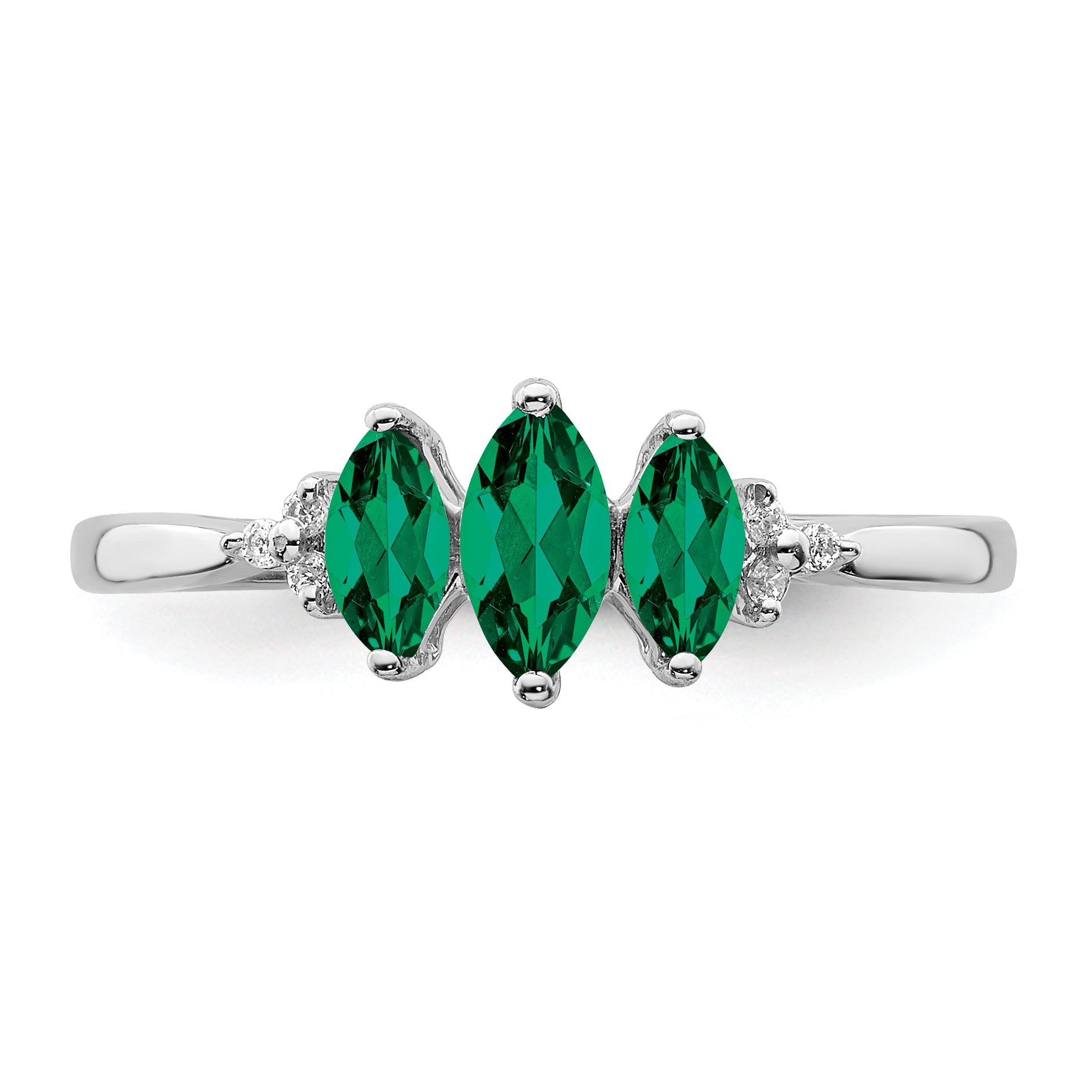 14k White Gold Marquise Created Emerald and Diamond 3-stone Ring