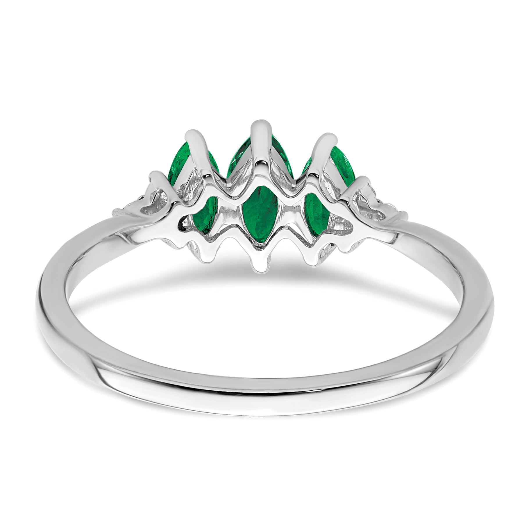 14k White Gold Marquise Created Emerald and Diamond 3-stone Ring