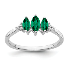 14k White Gold Marquise Created Emerald and Diamond 3-stone Ring