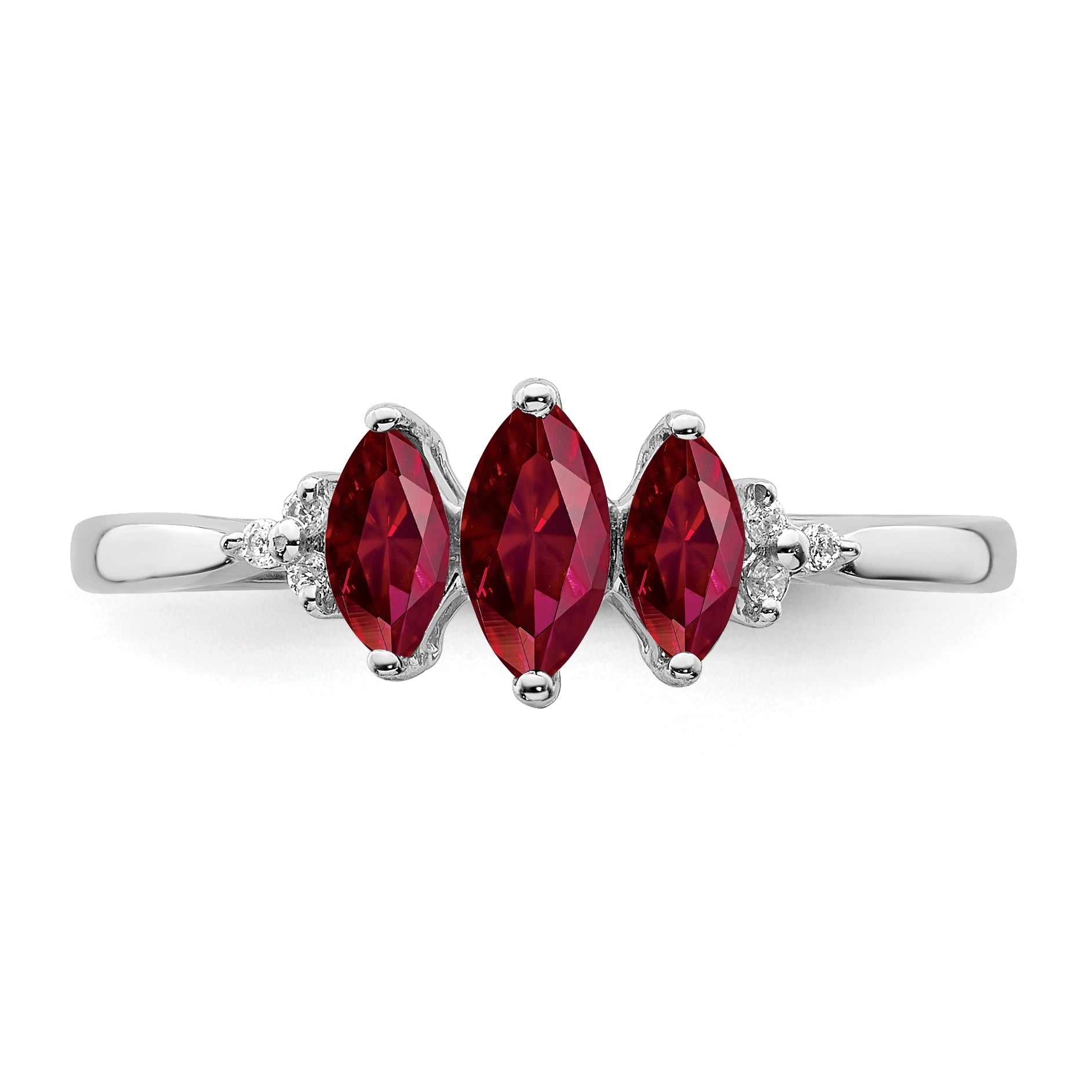 14k White Gold Marquise Created Ruby and Diamond 3-stone Ring