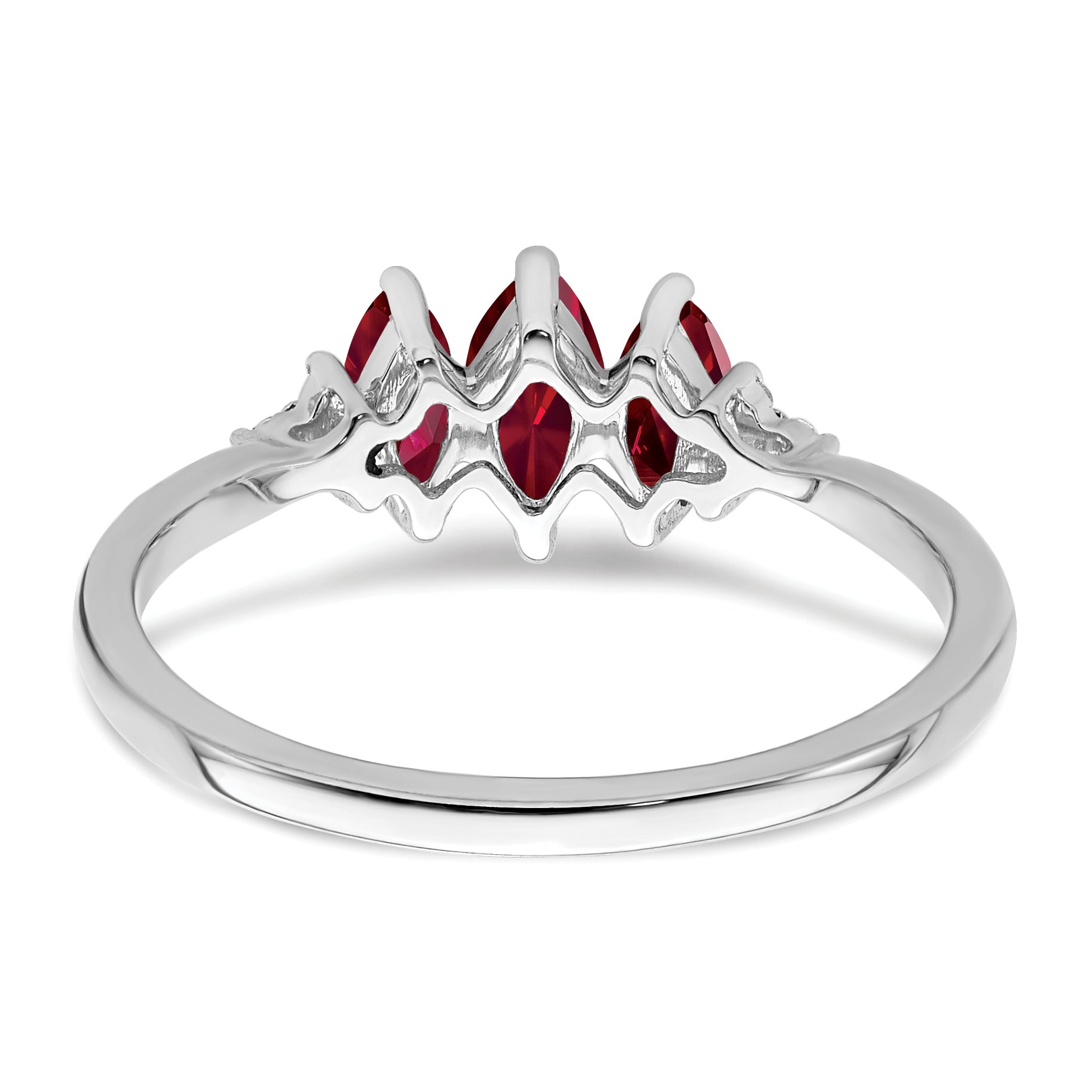 14k White Gold Marquise Created Ruby and Diamond 3-stone Ring