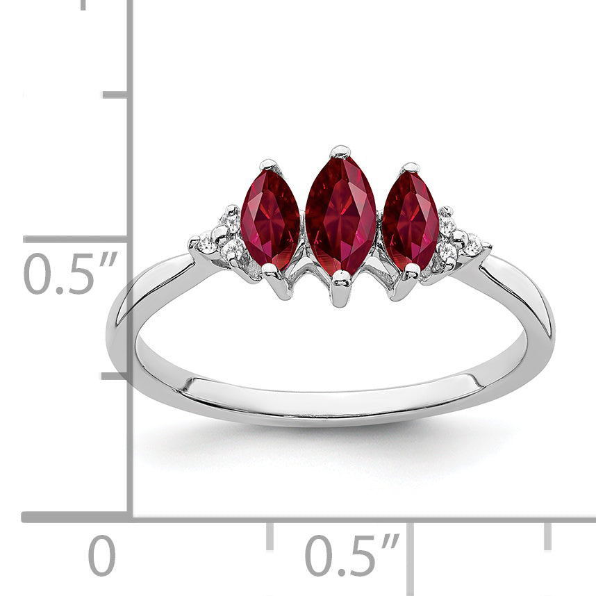 14k White Gold Marquise Created Ruby and Diamond 3-stone Ring