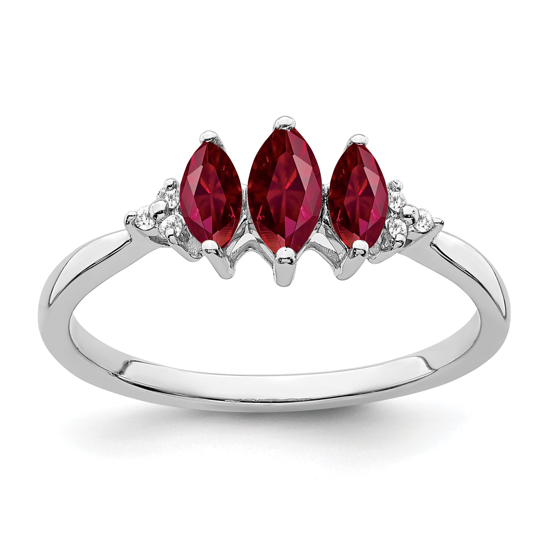 14k White Gold Marquise Created Ruby and Diamond 3-stone Ring