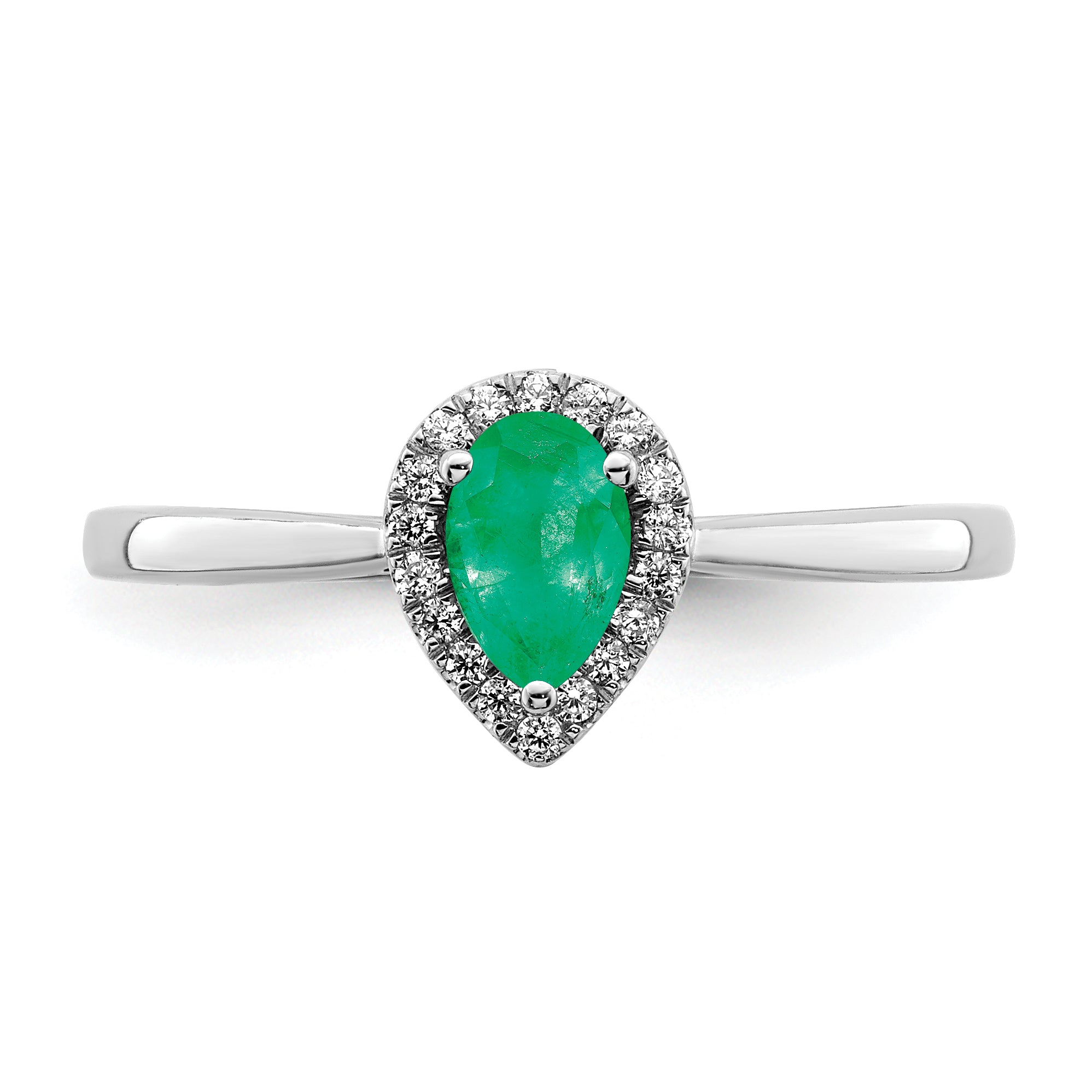 14k White Gold Pear Emerald and Diamond Halo Ring