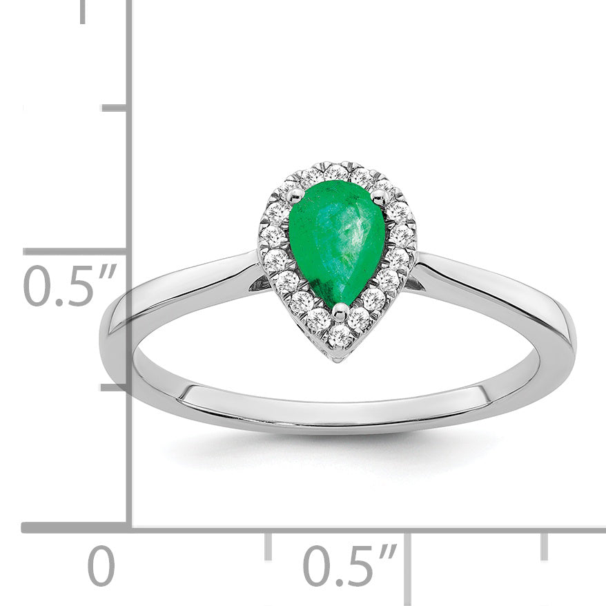 14k White Gold Pear Emerald and Diamond Halo Ring