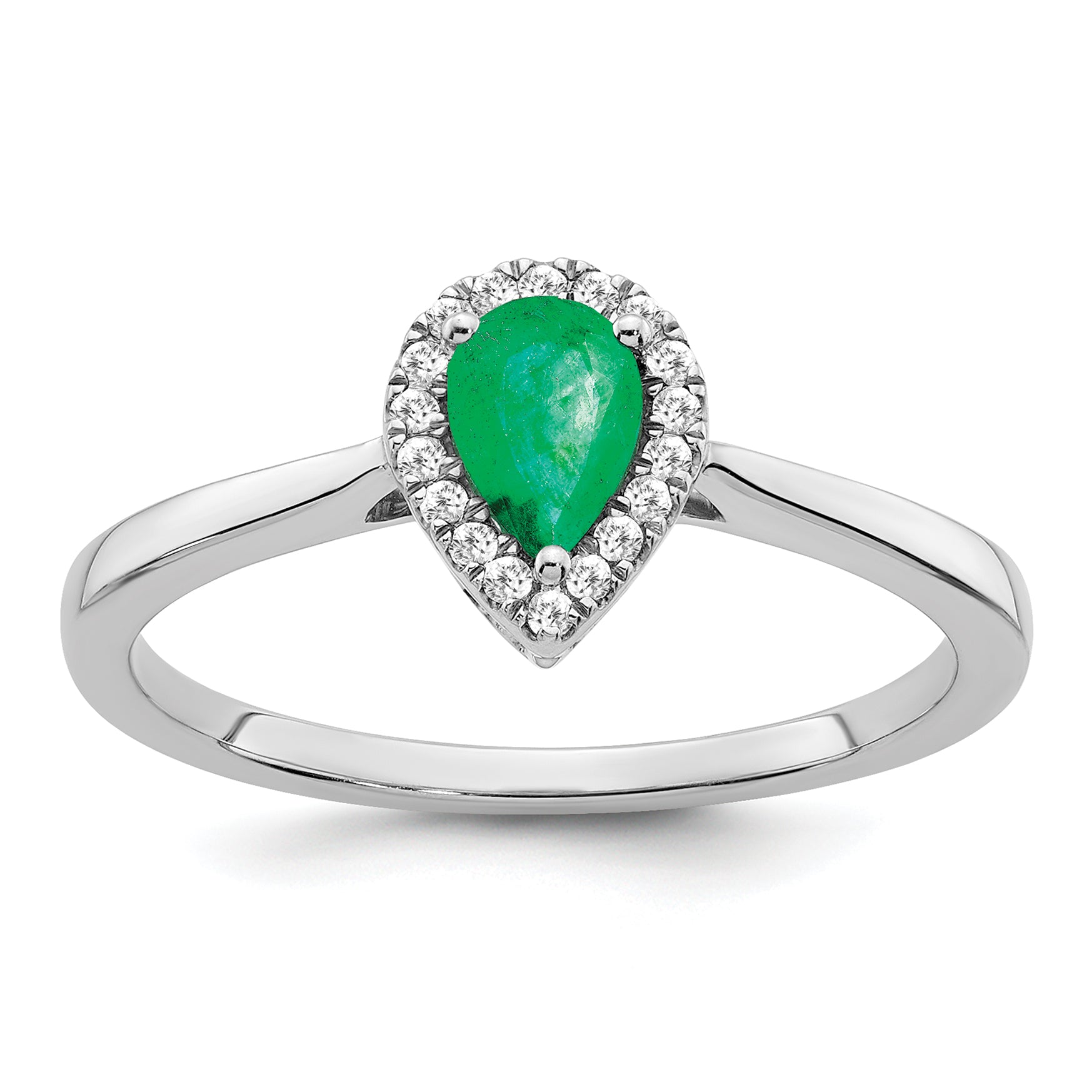 14k White Gold Pear Emerald and Diamond Halo Ring