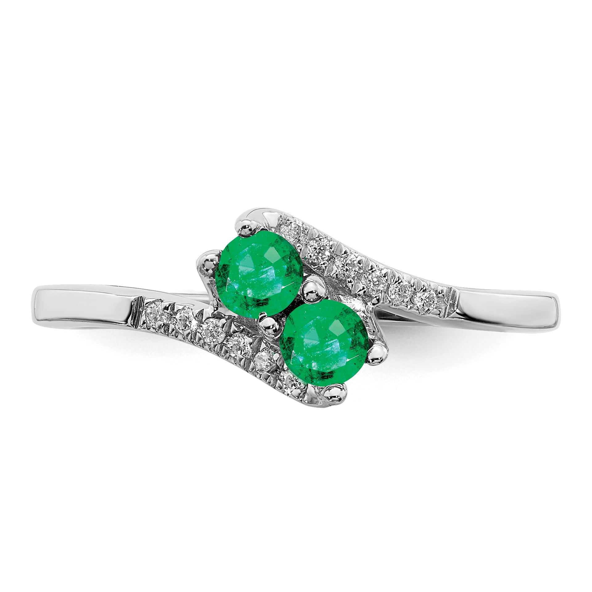 14k White Gold Emerald and Diamond 2-stone Bypass Ring