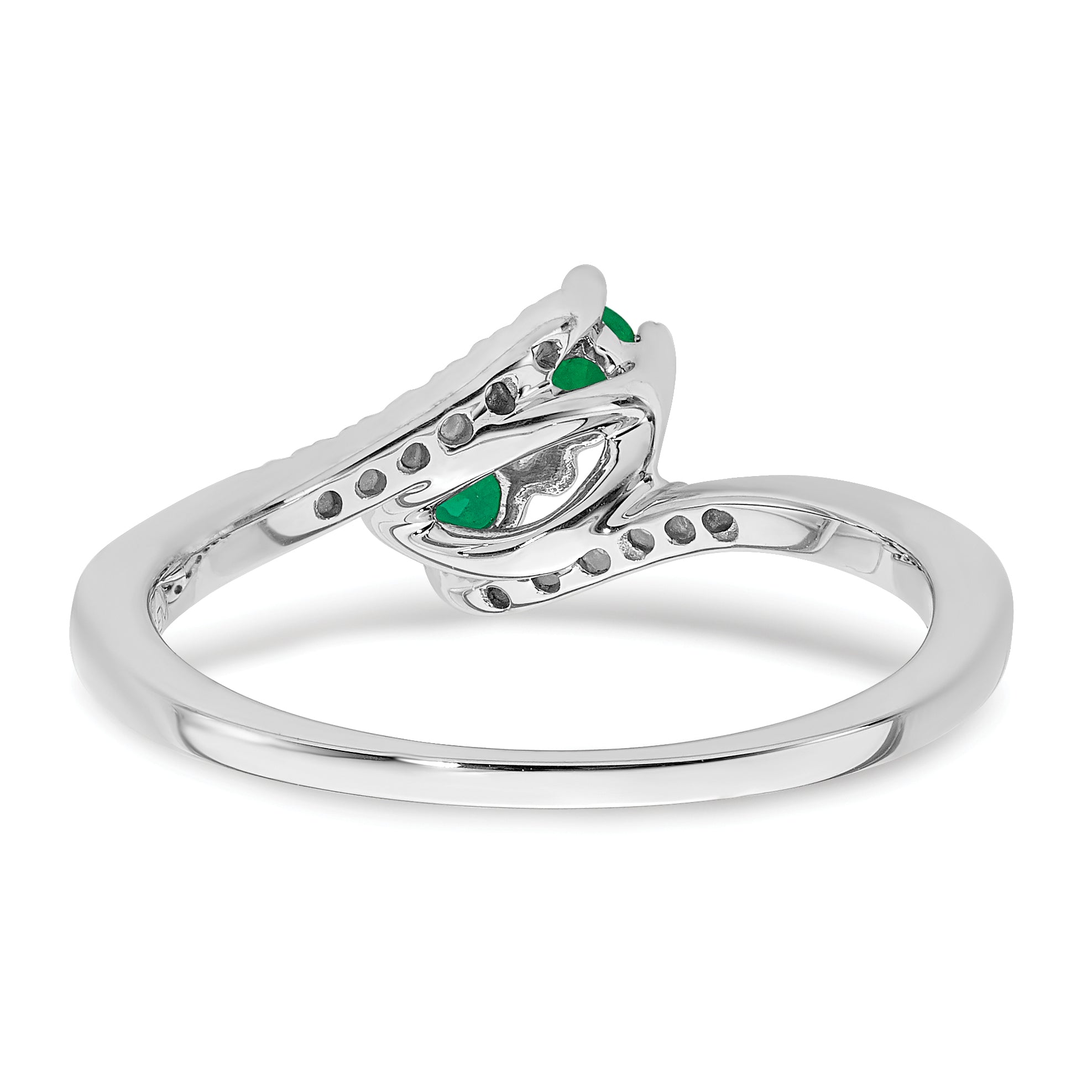 14k White Gold Emerald and Diamond 2-stone Bypass Ring