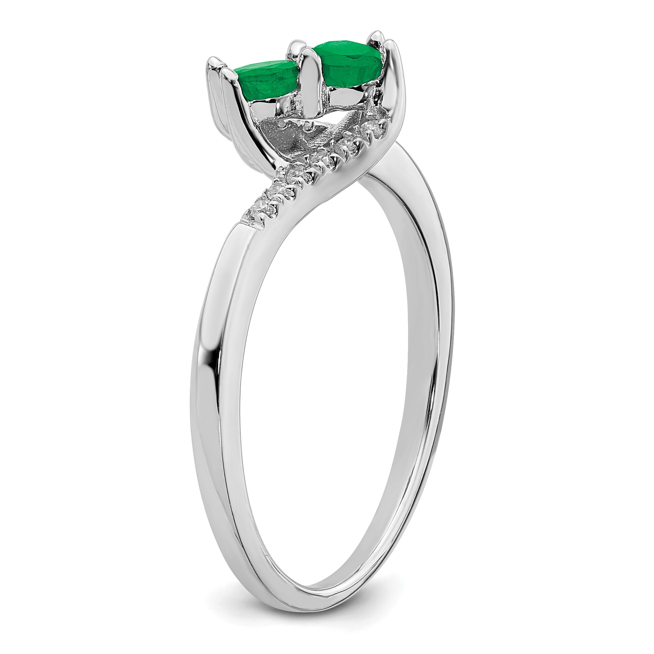 14k White Gold Emerald and Diamond 2-stone Bypass Ring