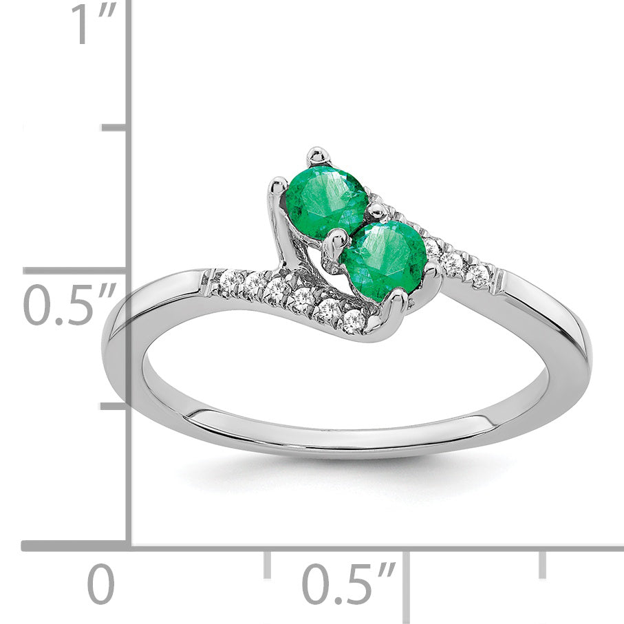 14k White Gold Emerald and Diamond 2-stone Bypass Ring