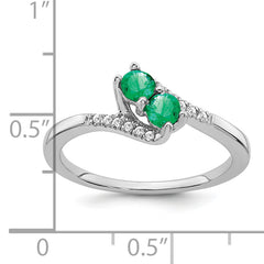 14k White Gold Emerald and Diamond 2-stone Bypass Ring