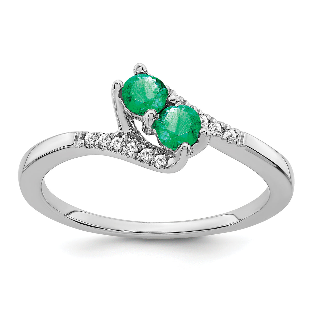 14k White Gold Emerald and Diamond 2-stone Bypass Ring