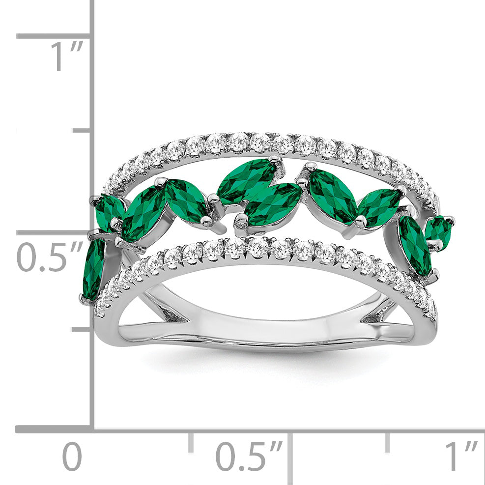 14k White Gold Marquise Created Emerald and Diamond Ring