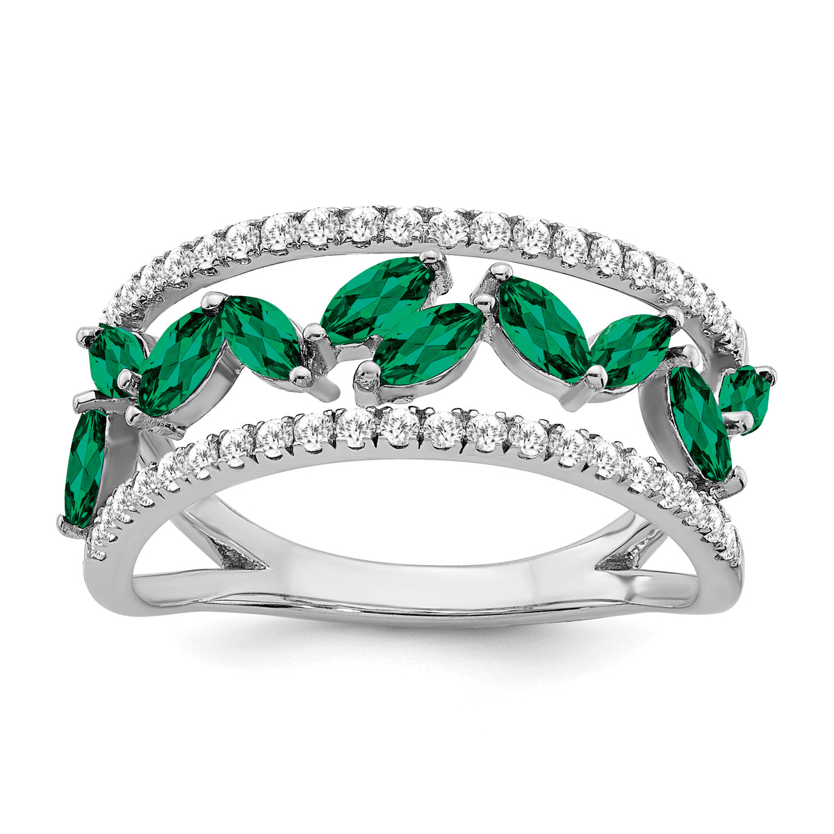 14k White Gold Marquise Created Emerald and Diamond Ring