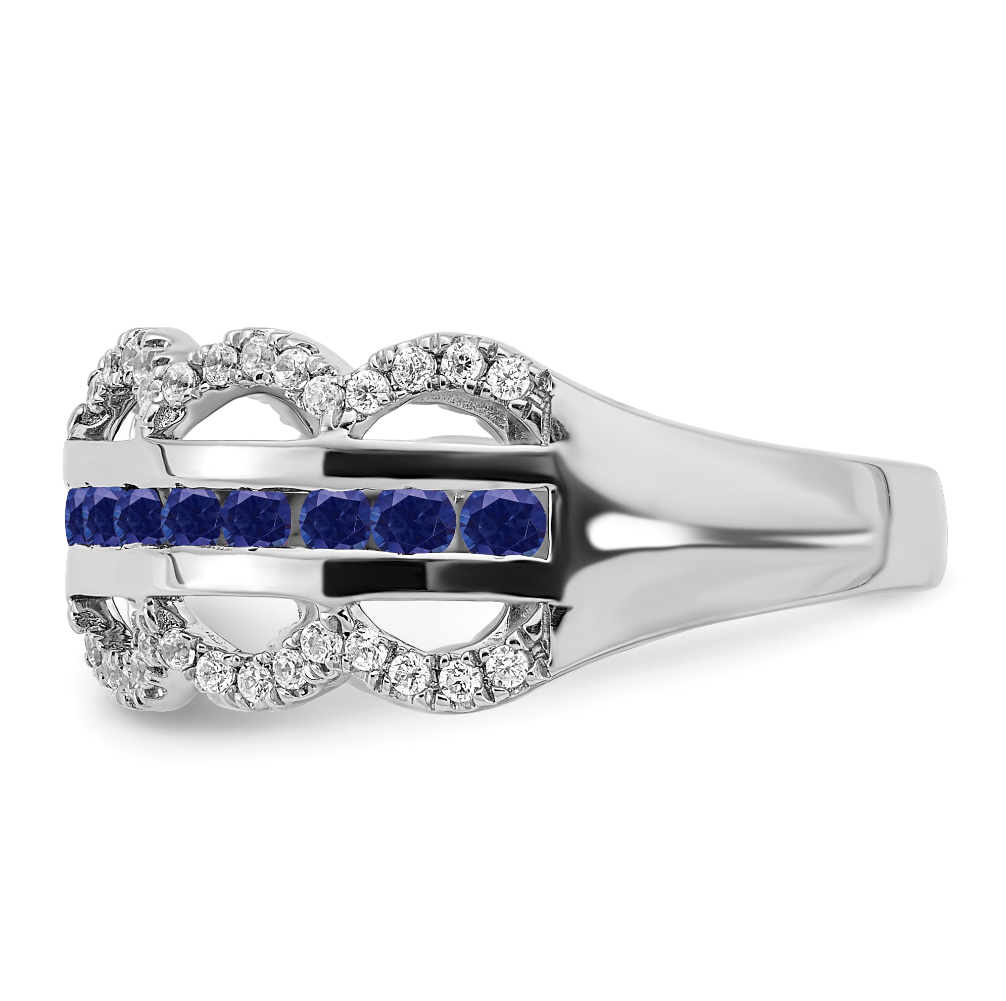 14k White Gold Created Sapphire and Diamond Scallop Ring