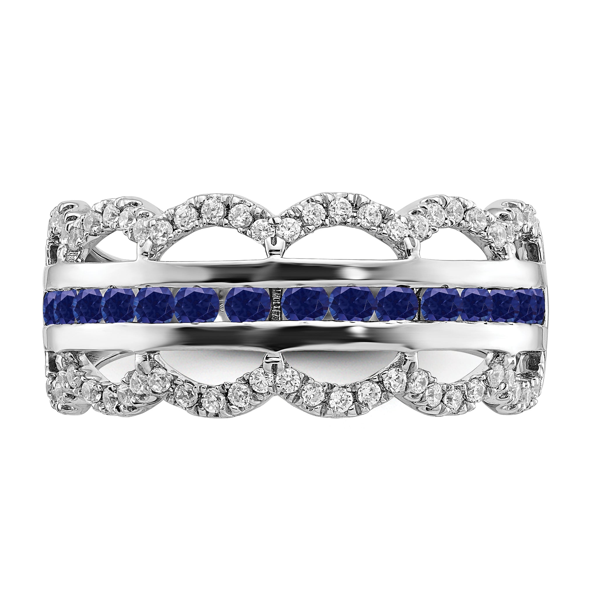 14k White Gold Created Sapphire and Diamond Scallop Ring