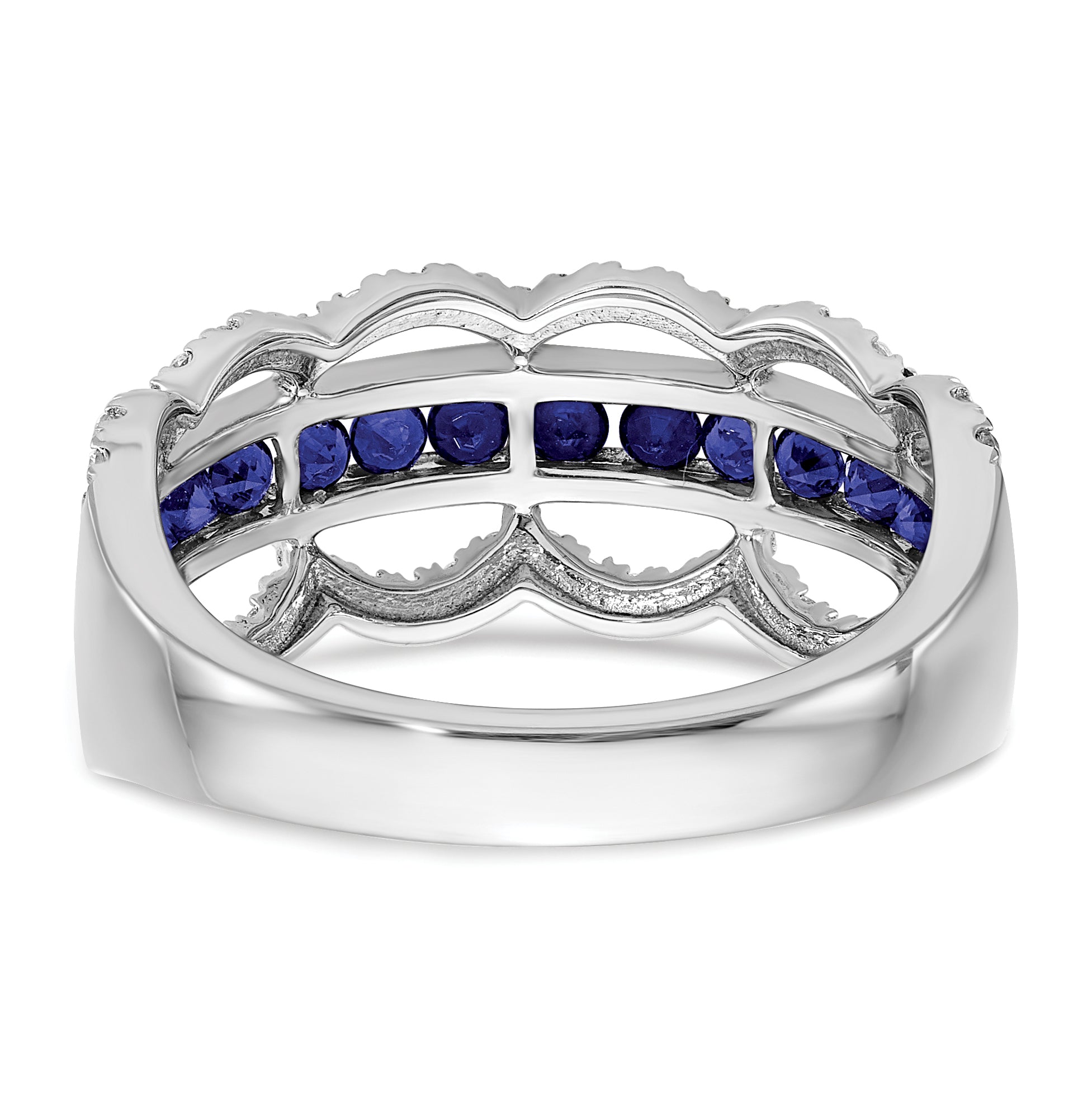 14k White Gold Created Sapphire and Diamond Scallop Ring