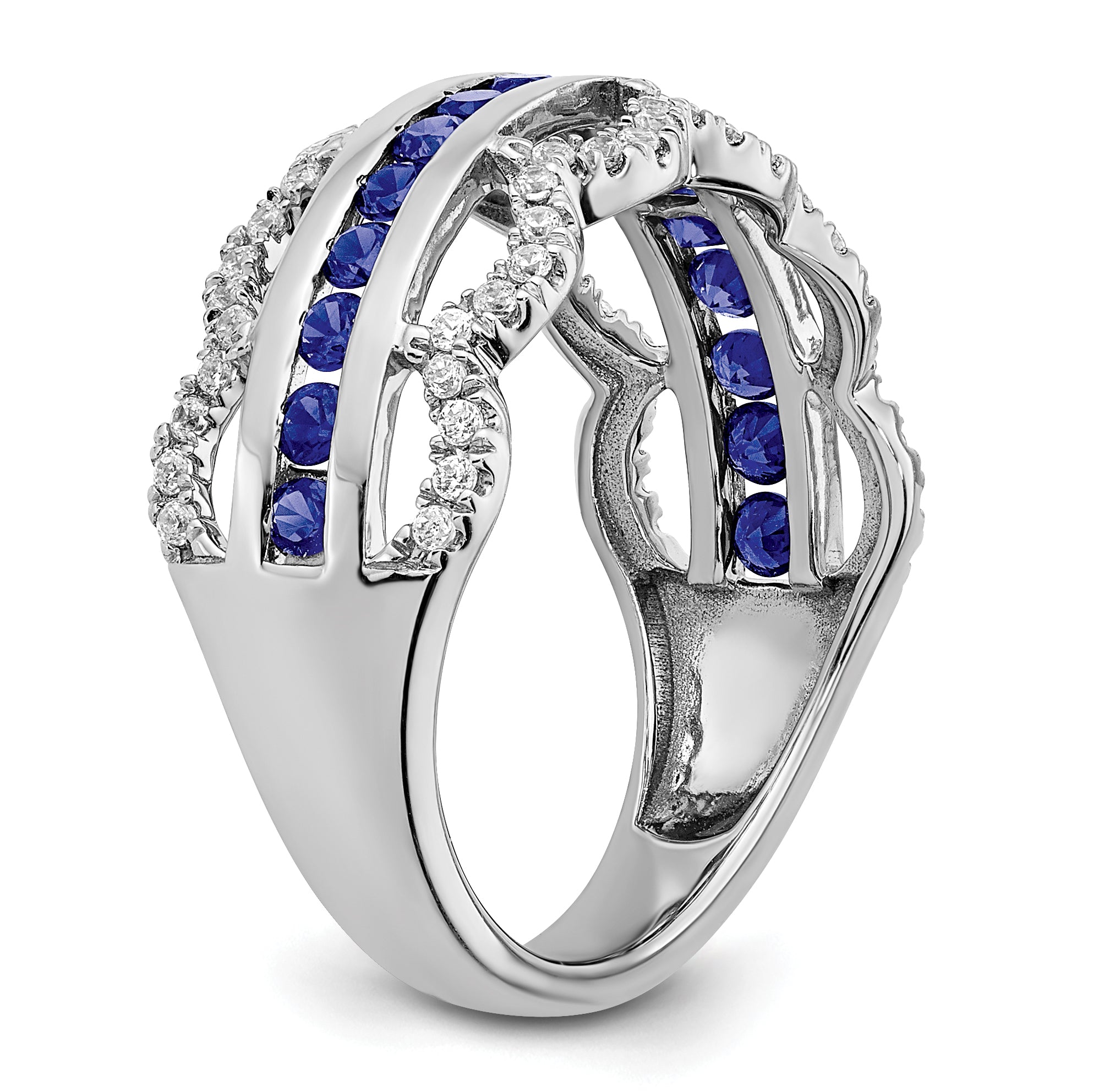 14k White Gold Created Sapphire and Diamond Scallop Ring