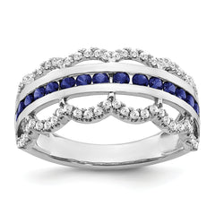 14k White Gold Created Sapphire and Diamond Scallop Ring