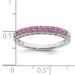 14k White Gold Created Pink Sapphire and Diamond Band