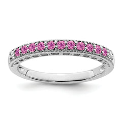 14k White Gold Created Pink Sapphire and Diamond Band