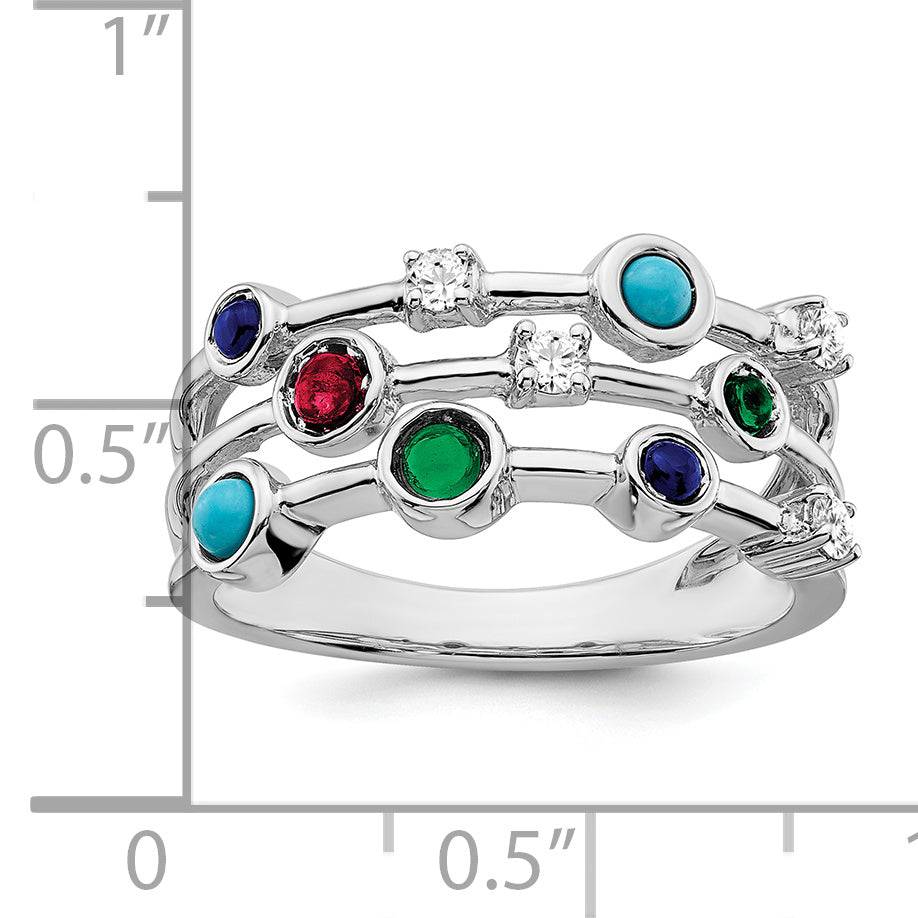 14k White Gold Ruby, Emerald, Lab Created Sapphire, White Topaz & Turquoise Ring