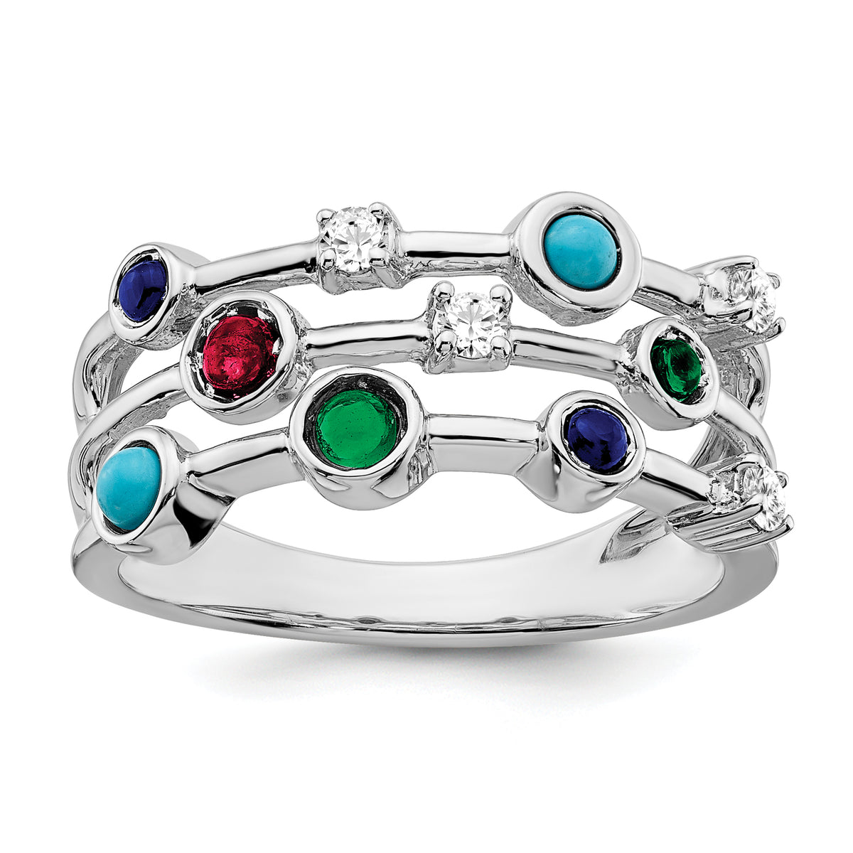 14k White Gold Ruby, Emerald, Lab Created Sapphire, White Topaz & Turquoise Ring