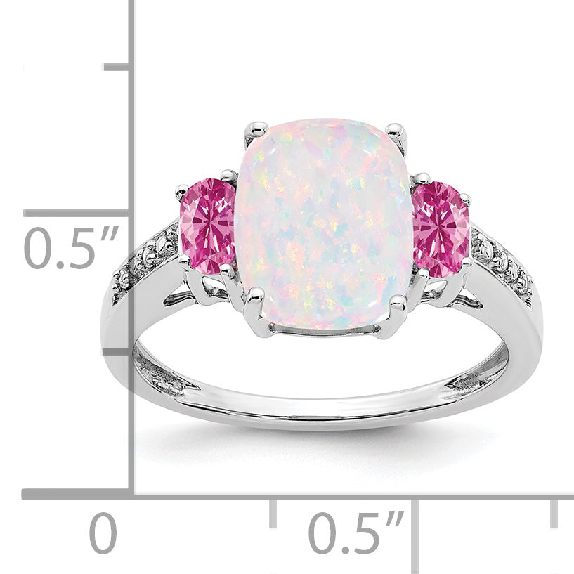 14k White Gold Created Opal/Created Pink Sapphire/Diamond Ring