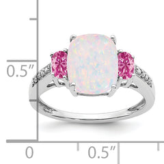 14k White Gold Created Opal/Created Pink Sapphire/Diamond Ring