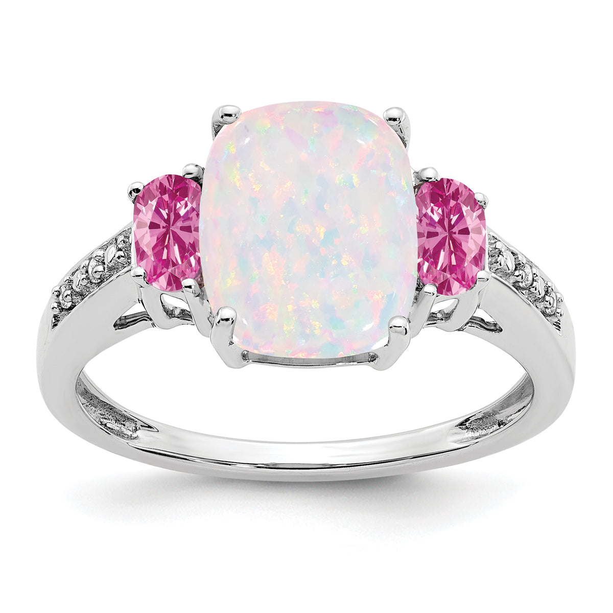  14k White Gold Created Opal/Created Pink Sapphire/Diamond Ring