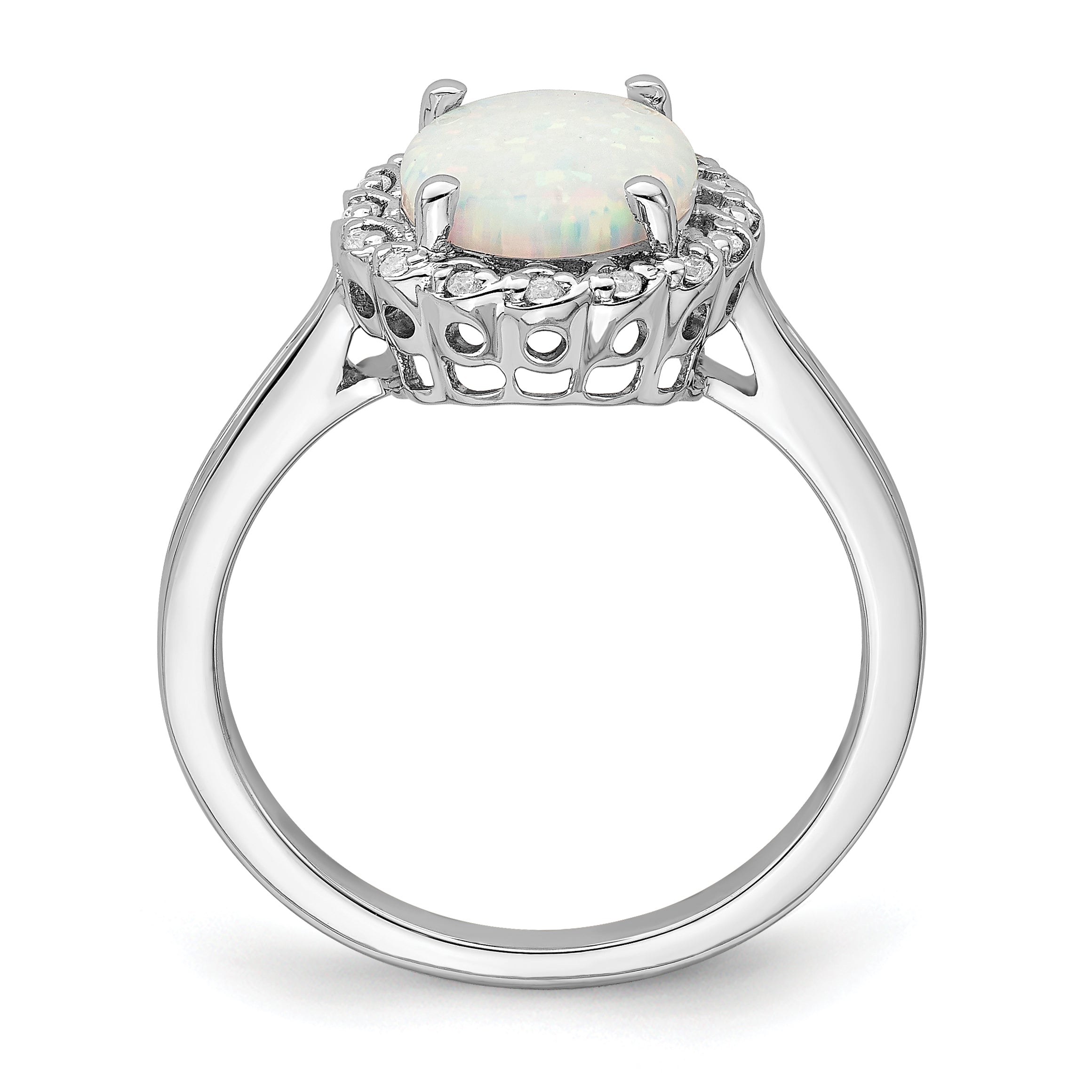 14k White Gold Created Opal and Diamond Halo Ring