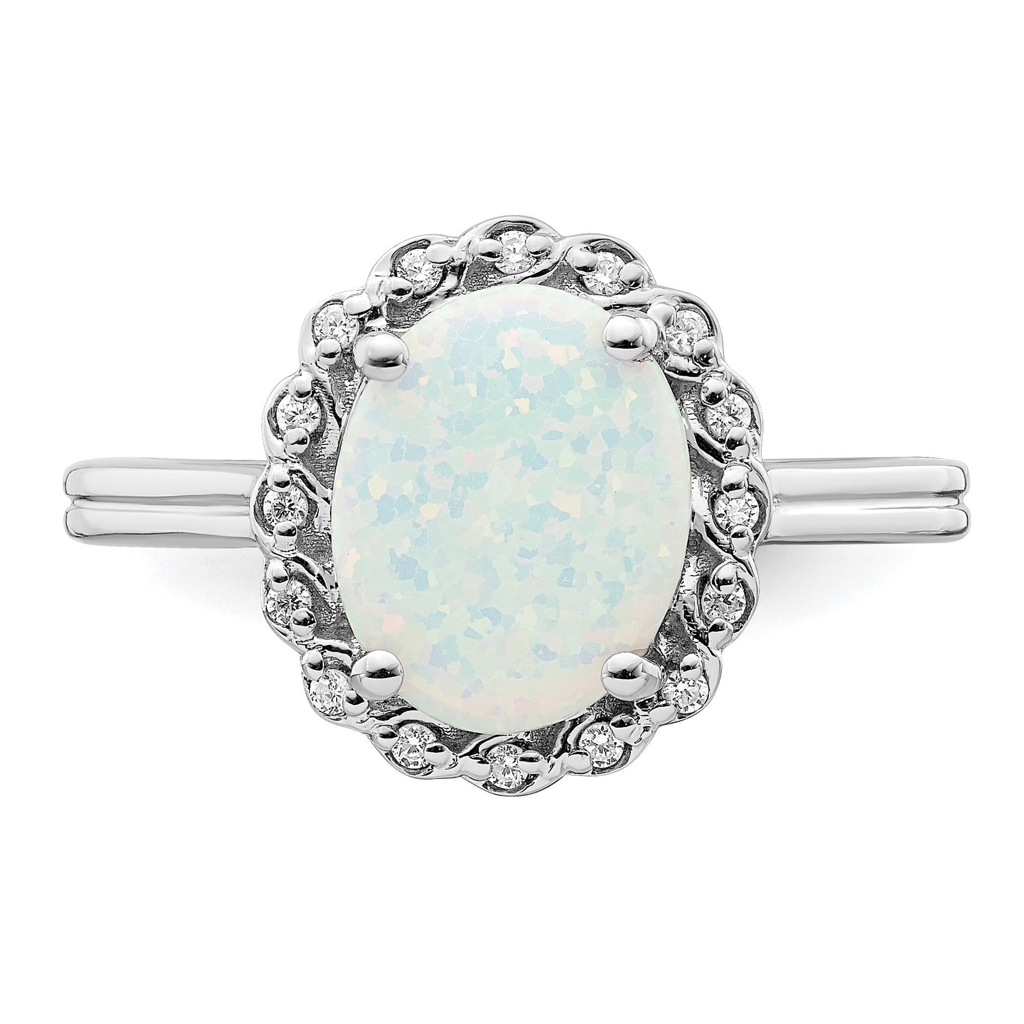 14k White Gold Created Opal and Diamond Halo Ring