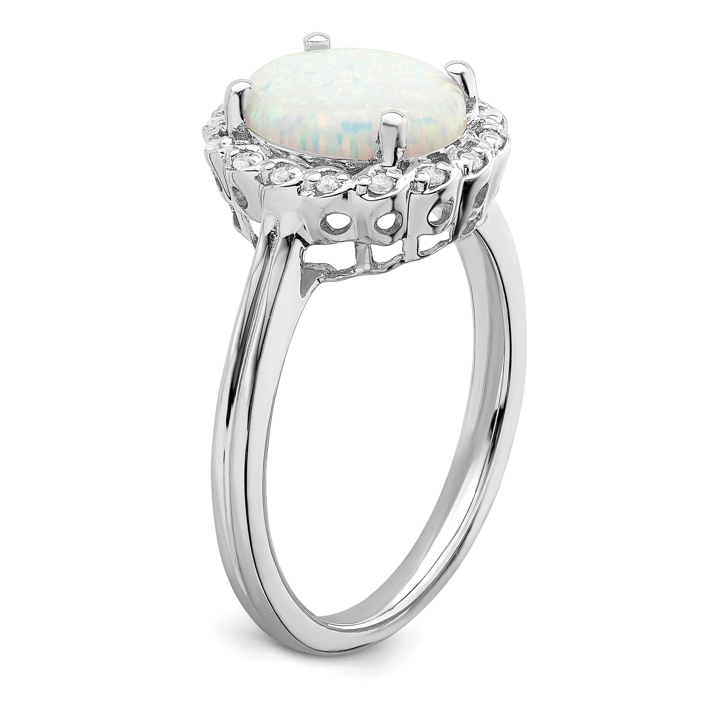 14k White Gold Created Opal and Diamond Halo Ring