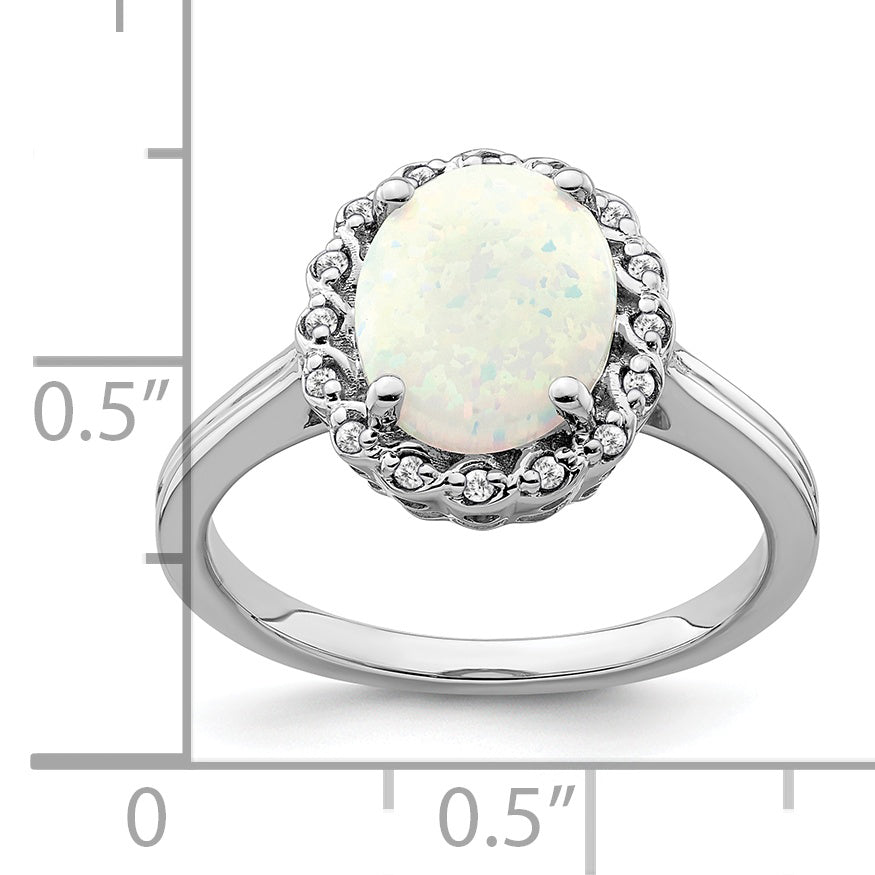 14k White Gold Created Opal and Diamond Halo Ring