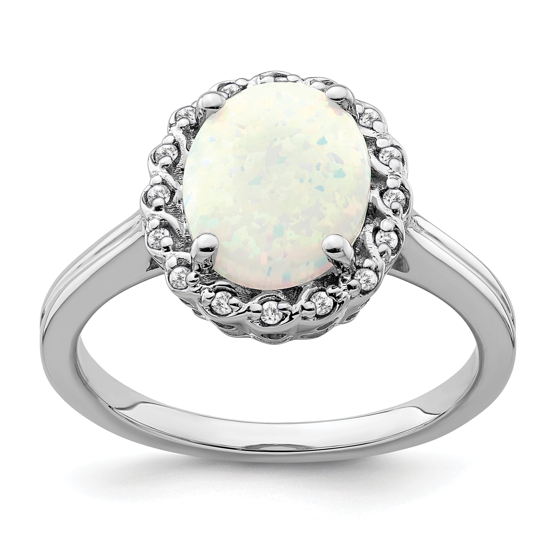  14k White Gold Created Opal and Diamond Halo Ring