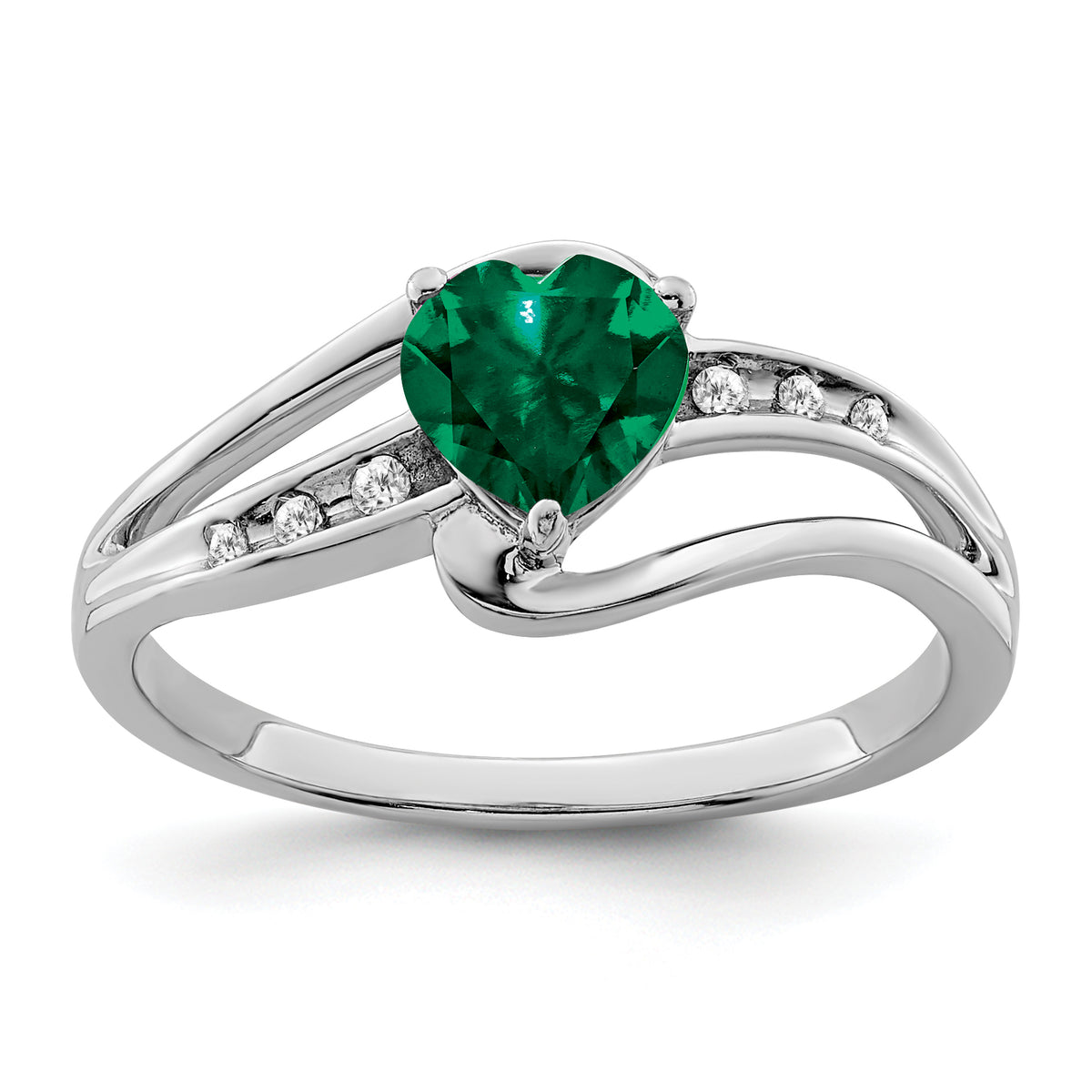 Sterling Silver Rhodium-plated Created Emerald and Diamond Ring