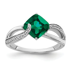 Sterling Silver Rhodium-plated Created Emerald and Diamond Ring