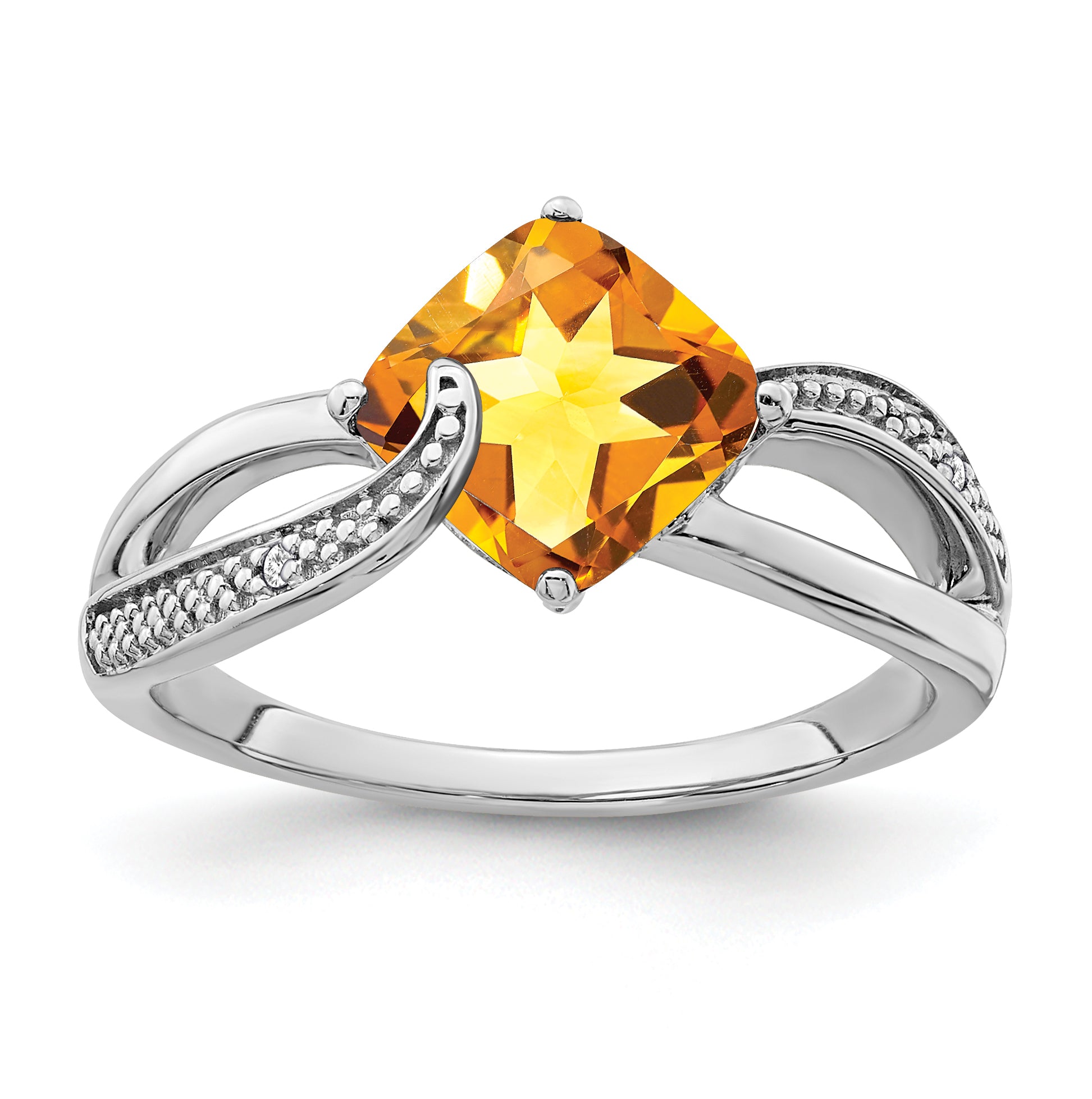 Sterling Silver Rhodium-plated Citrine and Diamond Ring