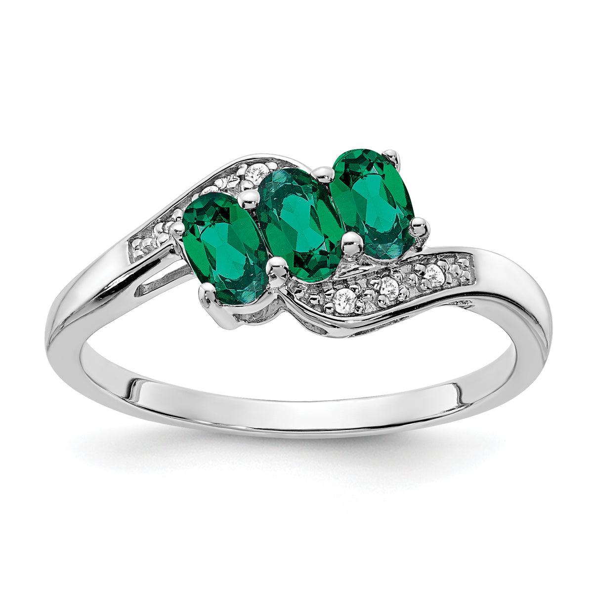 Sterling Silver Rhodium-plated Created Emerald and Diamond Ring